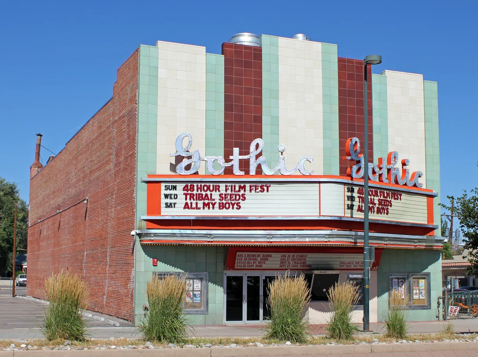 The Gothic Theatre's art deco facade and marquee on South Broadway in Englewood